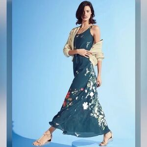 Johnny Was Teal Floral bird LINSU bias maxi dress petite medium